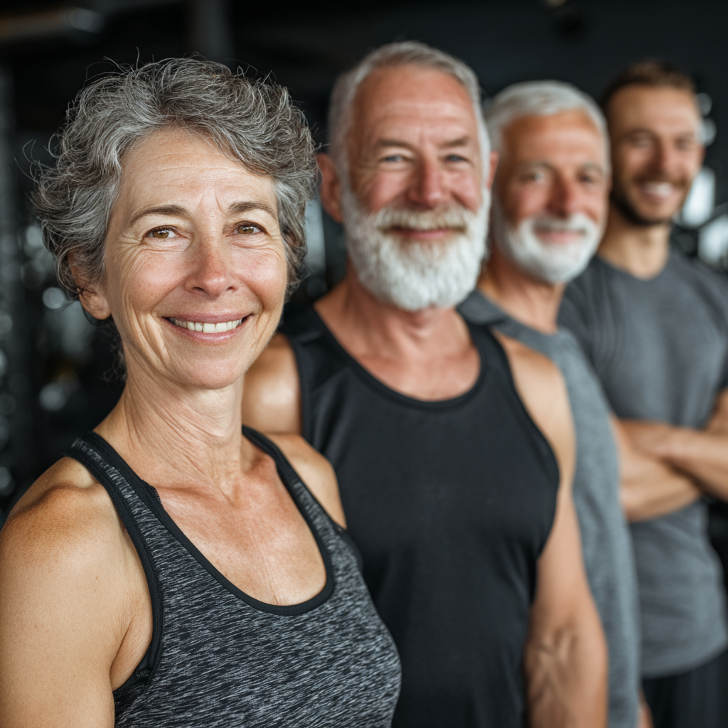 Grup de bărbați și femei în vârstă de 50-60 de ani, zâmbitori, în echipament sportiv, pozând împreună după antrenament