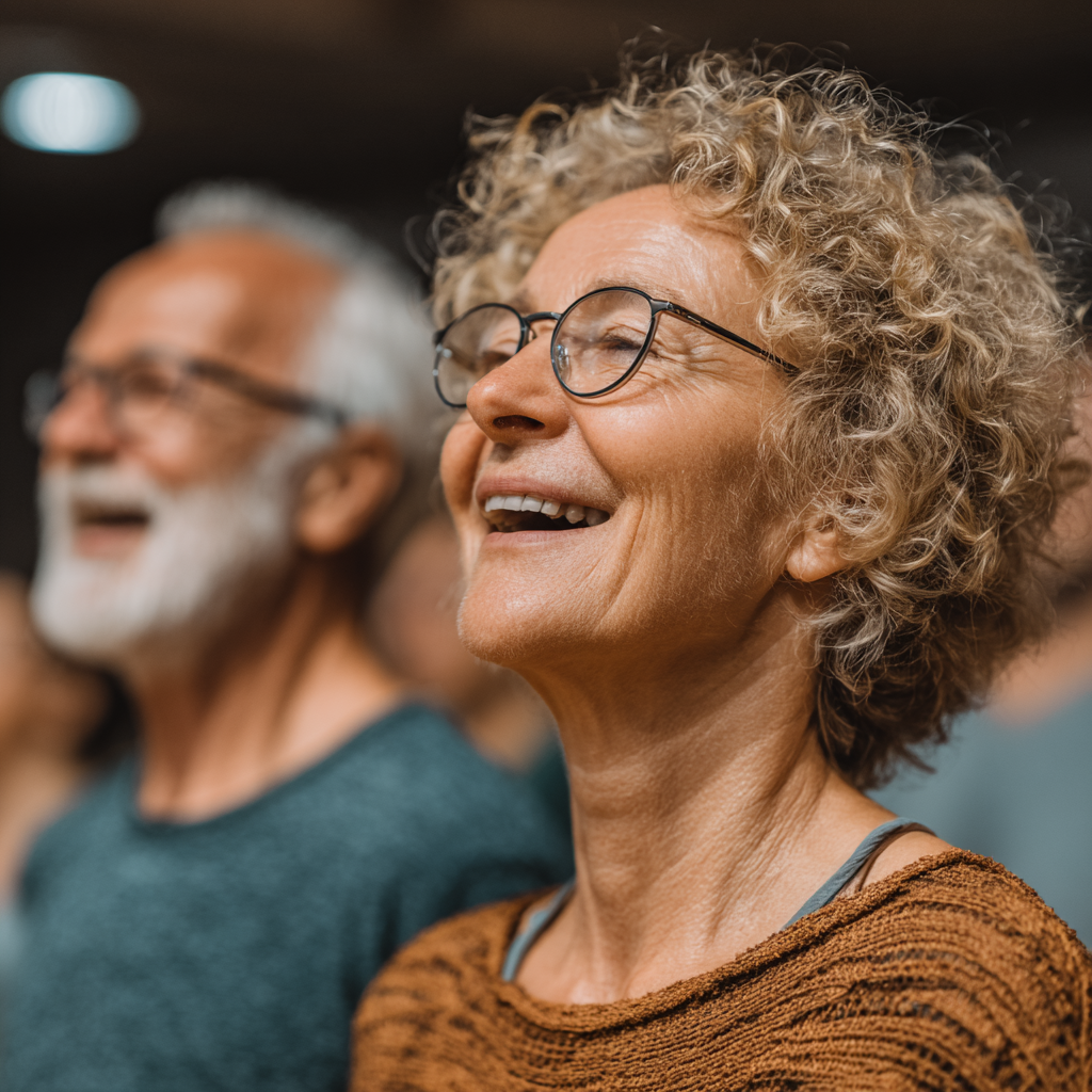 Grup mixt de adulți în vârstă de 50-60 de ani participând la o sesiune de antrenament în grup, arătând bucurie și energie pozitivă
