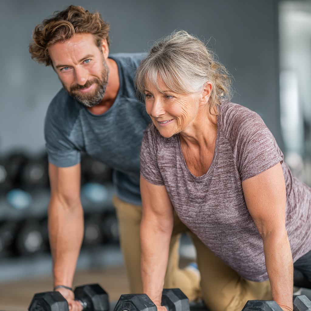 Antrenor personal lucrând cu o femeie în vârstă de 55 de ani, ghidând-o în exerciții de forță într-o sală modernă de fitness